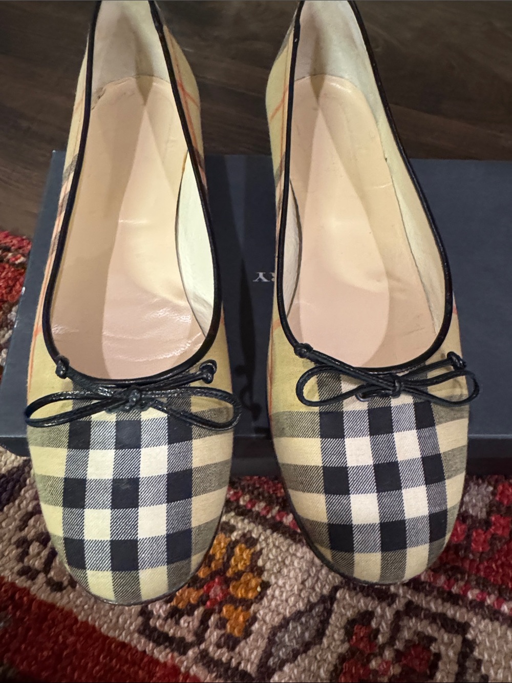 Burberry Beige and Black Check Ballet Flats with Bow Trim